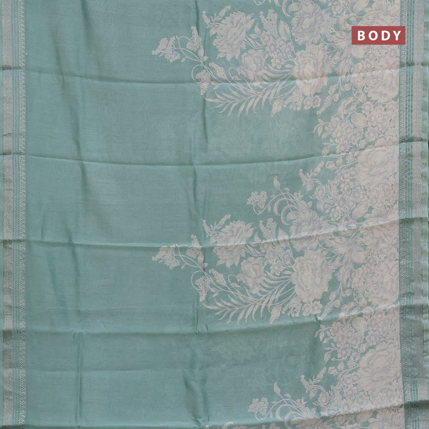 Chanderi silk cotton saree pastel green with allover floral prints and silver zari woven border