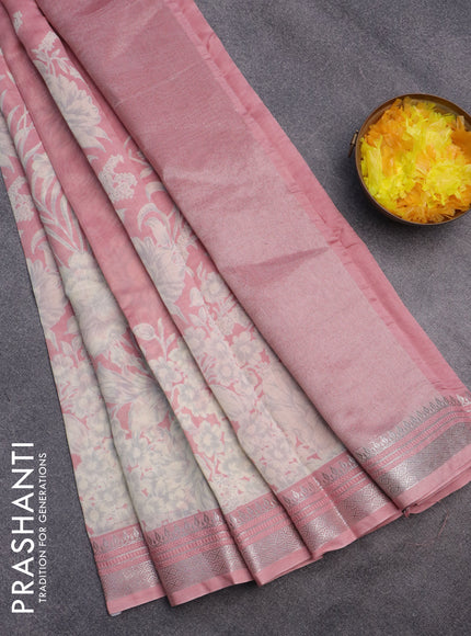 Chanderi silk cotton saree pastel pink with allover floral prints and zari woven border