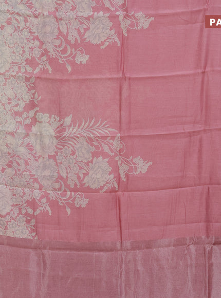 Chanderi silk cotton saree pastel pink with allover floral prints and zari woven border