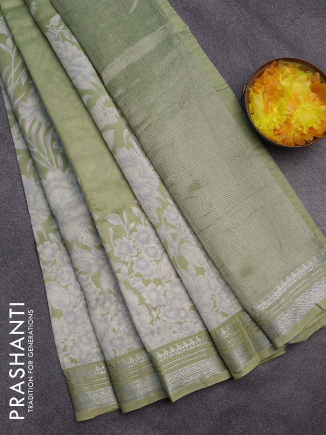 Chanderi silk cotton saree pista green with allover floral prints and zari woven border