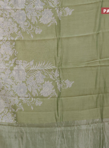 Chanderi silk cotton saree pista green with allover floral prints and zari woven border