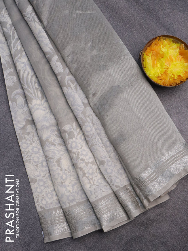 Chanderi silk cotton saree pastel grey with allover floral prints and zari woven border