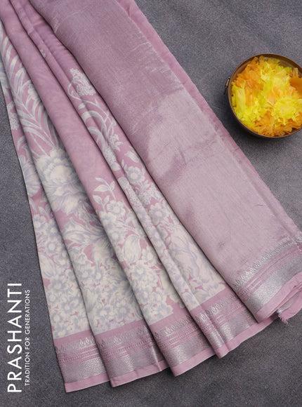 Chanderi silk cotton saree pastel pink with allover floral prints and silver zari woven border