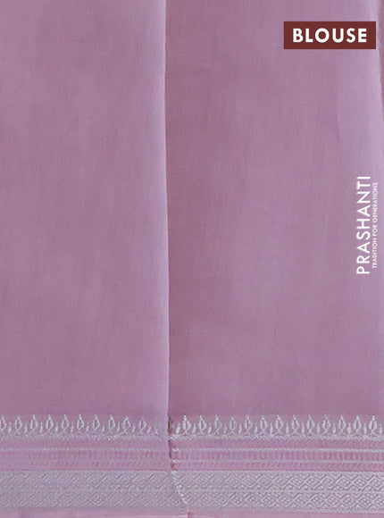 Chanderi silk cotton saree pastel pink with allover floral prints and silver zari woven border