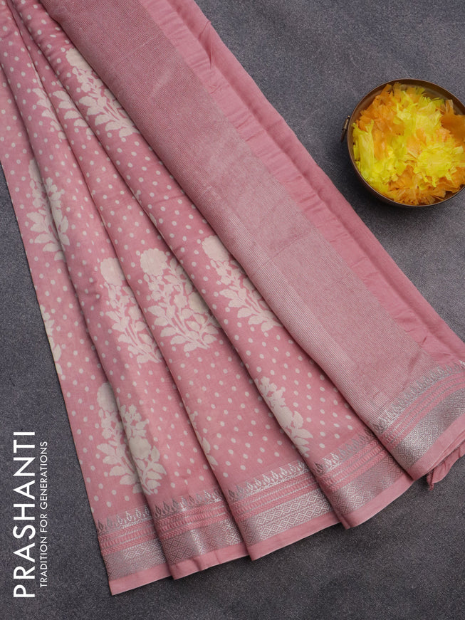 Chanderi silk cotton saree peach pink with allover floral prints and silver zari woven border