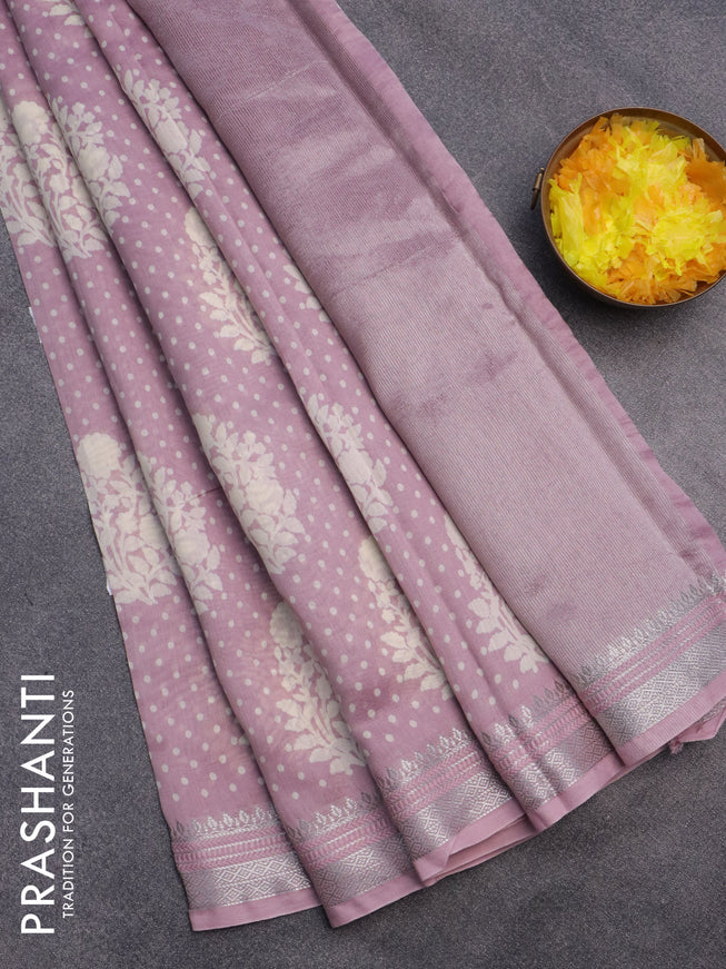 Chanderi silk cotton saree pastel pink with allover floral prints and silver zari woven border