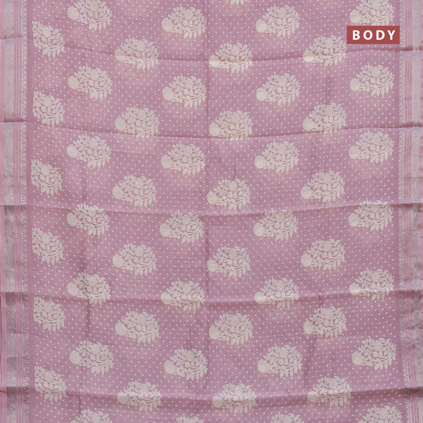 Chanderi silk cotton saree pastel pink with allover floral prints and silver zari woven border