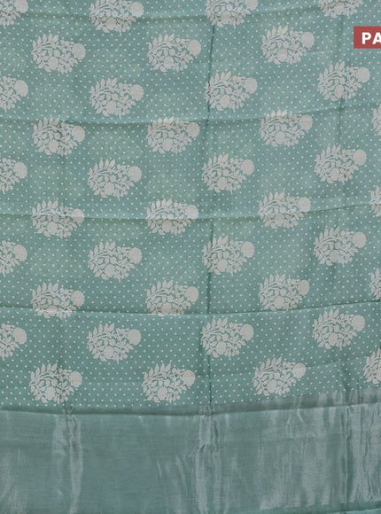 Chanderi silk cotton saree pastel green with allover floral prints and silver zari woven border