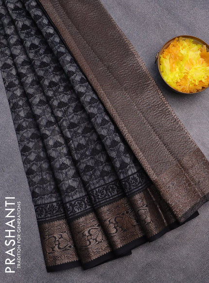 Chanderi silk cotton saree black with allover prints and woven border