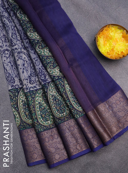 Chanderi silk cotton saree grey shade and blue with allover prints and woven border