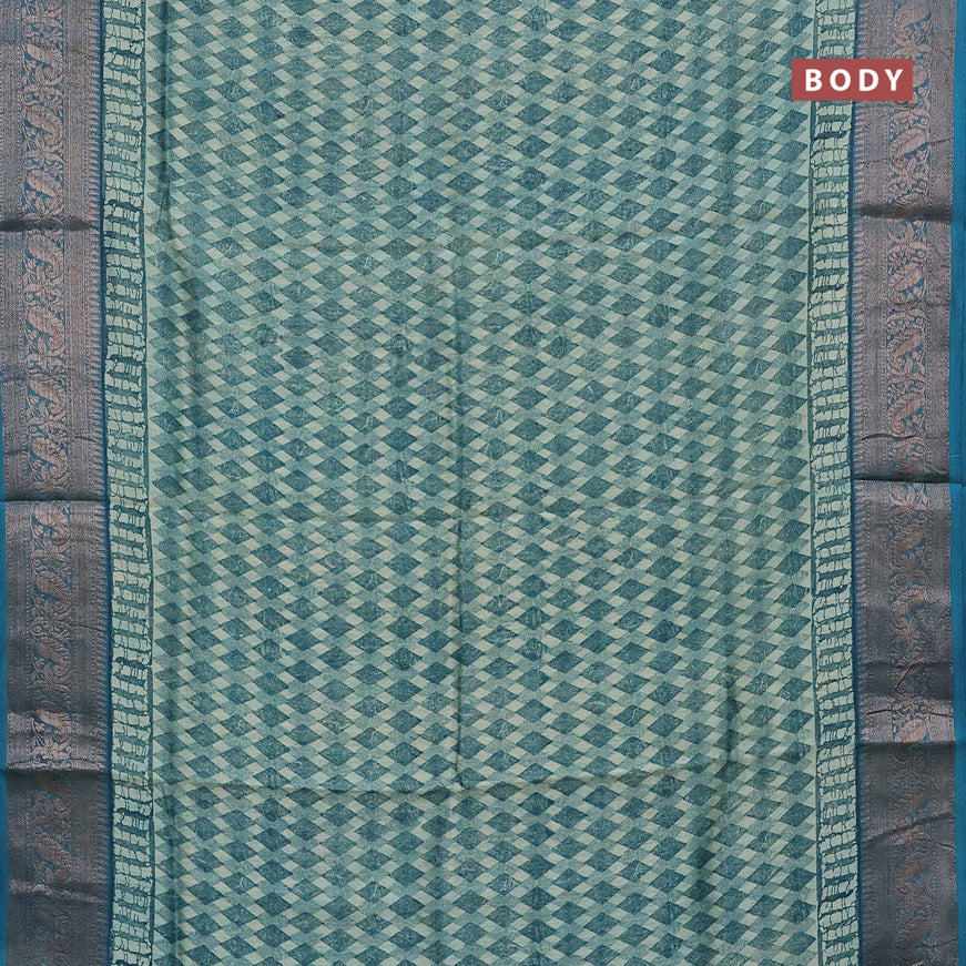 Chanderi silk cotton saree green shade and cs blue with allover geometric prints and woven border