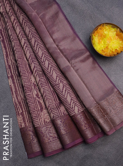 Chanderi silk cotton saree beige and wine shade with allover prints and woven border