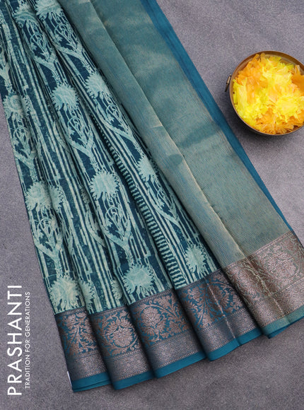 Chanderi silk cotton saree peacock green and cs blue with allover prints and woven border