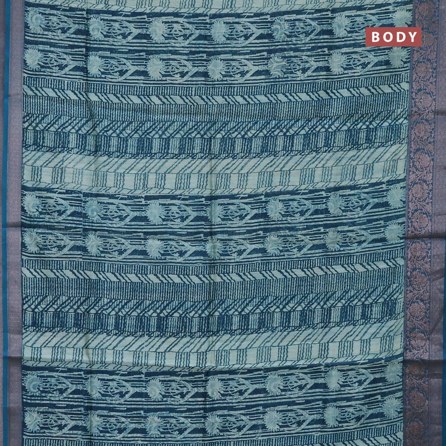 Chanderi silk cotton saree peacock green and cs blue with allover prints and woven border