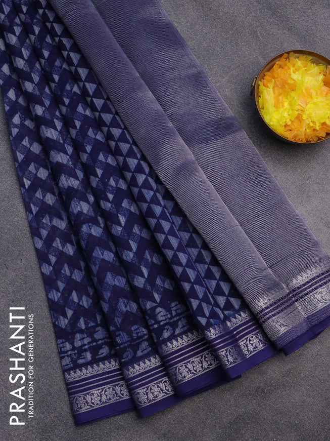 Chanderi silk cotton saree blue with allover geometric prints and silver zari woven border