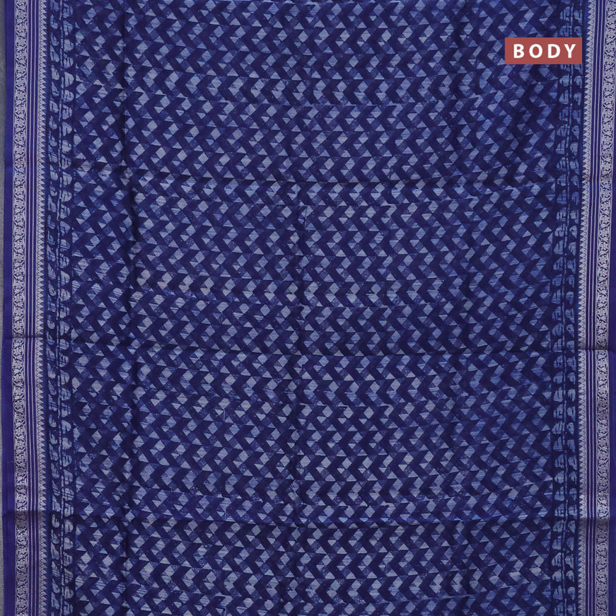 Chanderi silk cotton saree blue with allover geometric prints and silver zari woven border