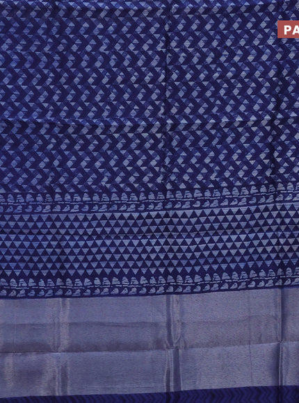 Chanderi silk cotton saree blue with allover geometric prints and silver zari woven border