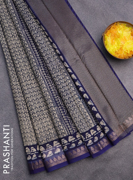 Chanderi silk cotton saree elephant grey and blue with allover prints and woven border