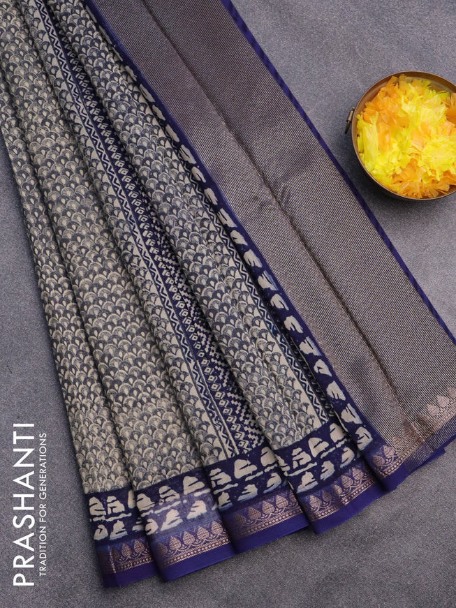 Chanderi silk cotton saree elephant grey and blue with allover prints and woven border