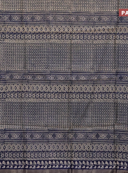 Chanderi silk cotton saree elephant grey and blue with allover prints and woven border