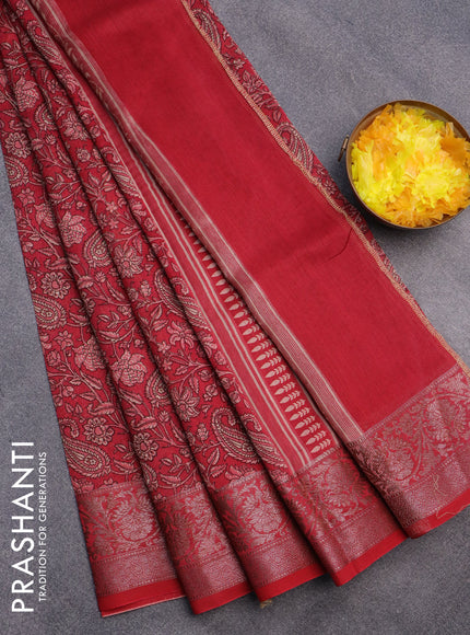 Chanderi silk cotton saree maroon with allover kalamkari prints and woven border