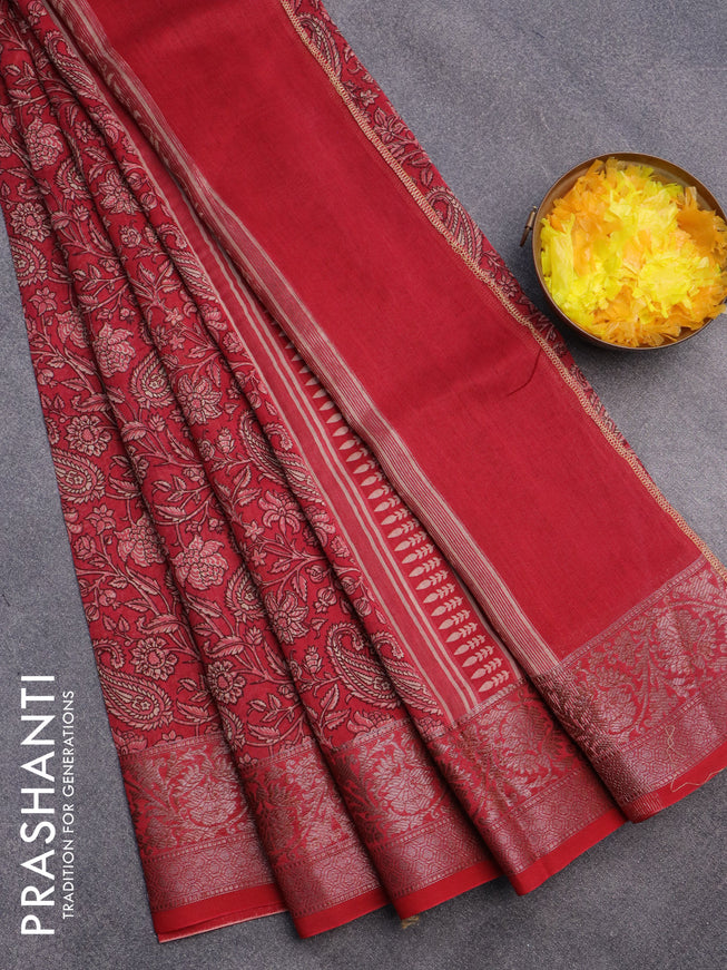 Chanderi silk cotton saree maroon with allover kalamkari prints and woven border