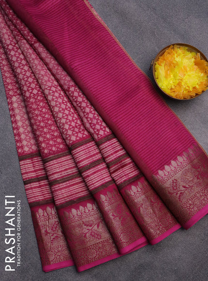 Chanderi silk cotton saree pink with allover prints and woven border