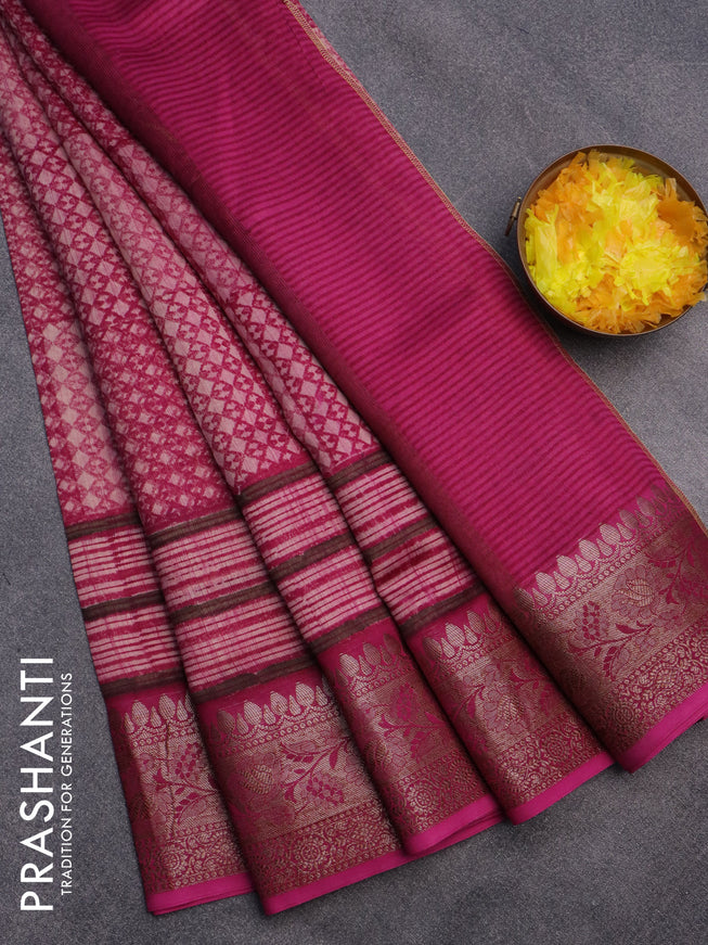 Chanderi silk cotton saree pink with allover prints and woven border