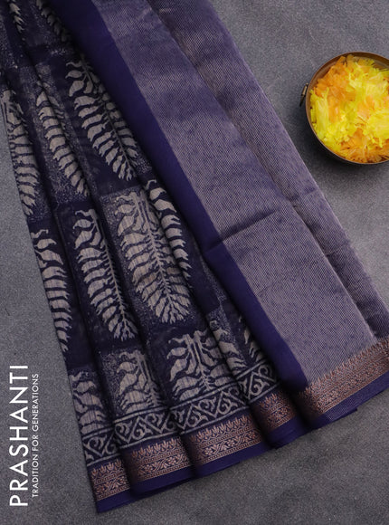 Chanderi silk cotton saree blue with allover prints and woven border