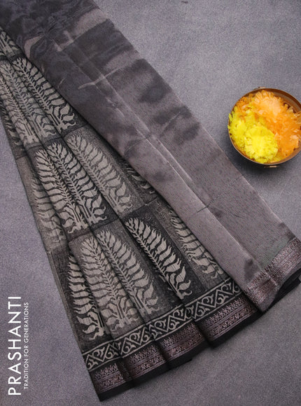 Chanderi silk cotton saree black with allover prints and woven border