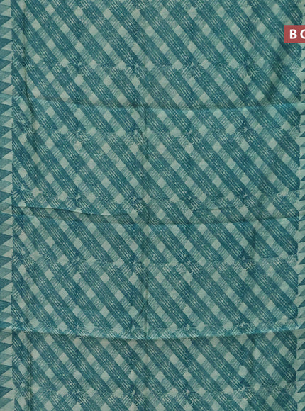 Chanderi silk cotton saree teal blue with allover geometric prints and silver zari woven border