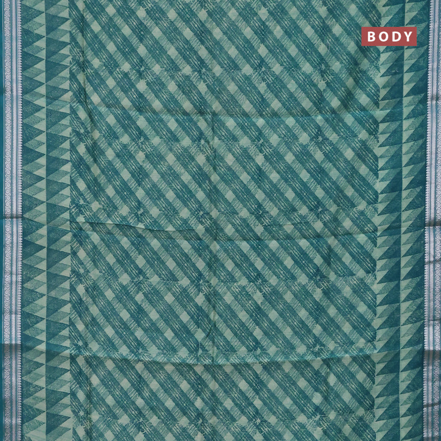 Chanderi silk cotton saree teal blue with allover geometric prints and silver zari woven border