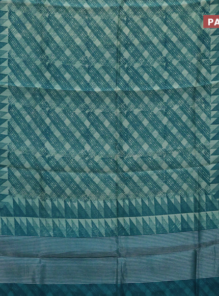 Chanderi silk cotton saree teal blue with allover geometric prints and silver zari woven border