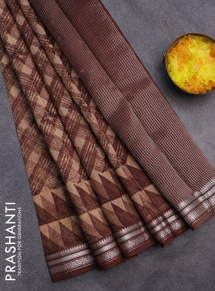 Chanderi silk cotton saree brown and sandal with allover geometric prints and silver zari woven border