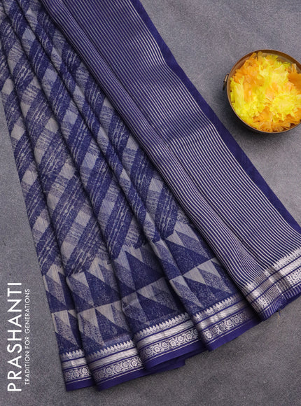 Chanderi silk cotton saree blue and grey with allover geometric prints and silver zari woven border