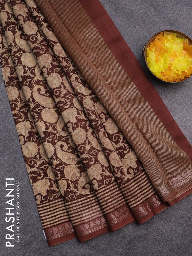 Chanderi silk cotton saree brown and sandal with allover prints and woven border