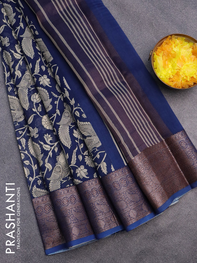 Chanderi silk cotton saree blue with allover kalamkari prints and woven border