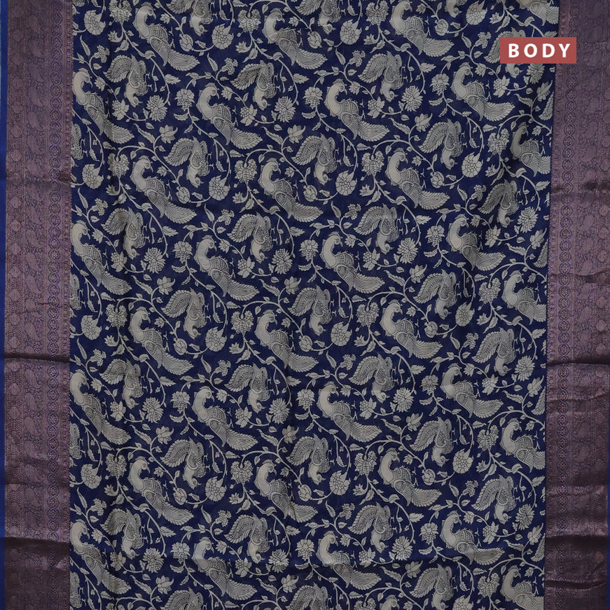 Chanderi silk cotton saree blue with allover kalamkari prints and woven border