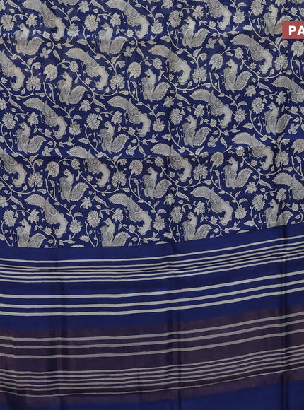 Chanderi silk cotton saree blue with allover kalamkari prints and woven border