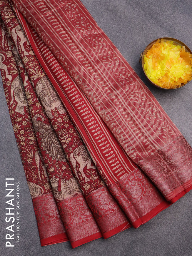 Chanderi silk cotton saree maroon and red with allover kalamkari prints and woven border