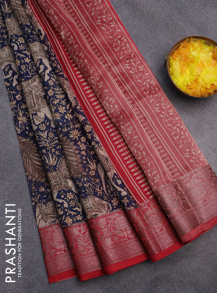 Chanderi silk cotton saree dark blue and red with allover kalamkari prints and woven border