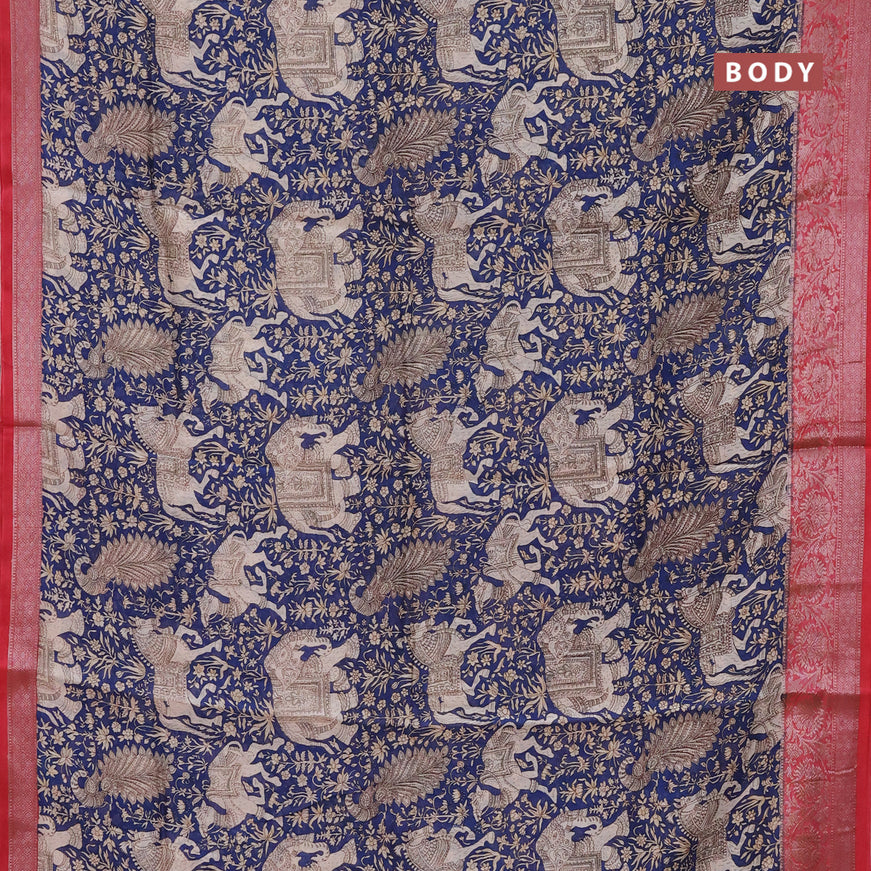 Chanderi silk cotton saree dark blue and red with allover kalamkari prints and woven border