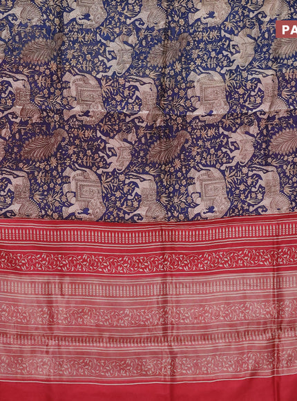 Chanderi silk cotton saree dark blue and red with allover kalamkari prints and woven border