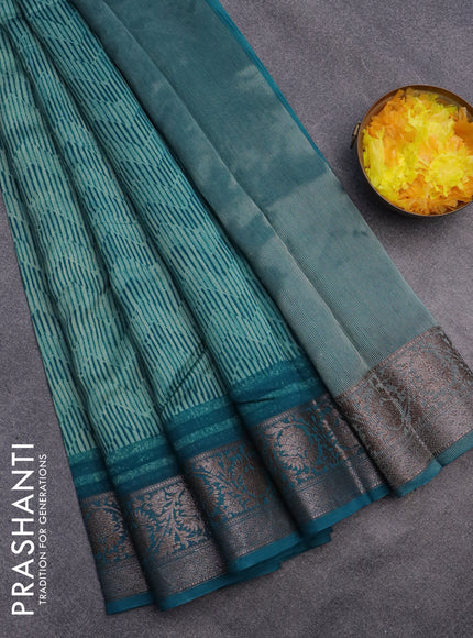 Chanderi silk cotton saree teal blue with allover geometric prints and woven border