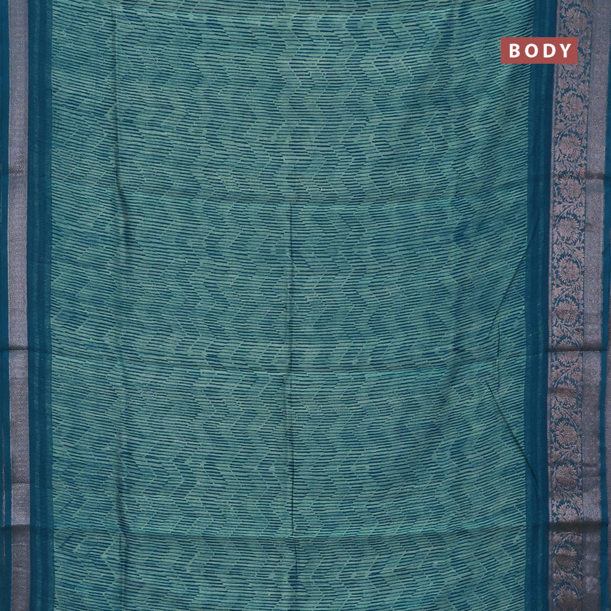 Chanderi silk cotton saree teal blue with allover geometric prints and woven border