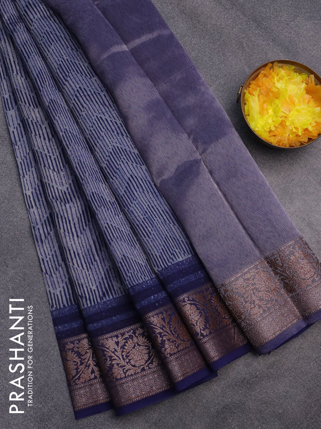 Chanderi silk cotton saree grey and blue with allover geometric prints and woven border