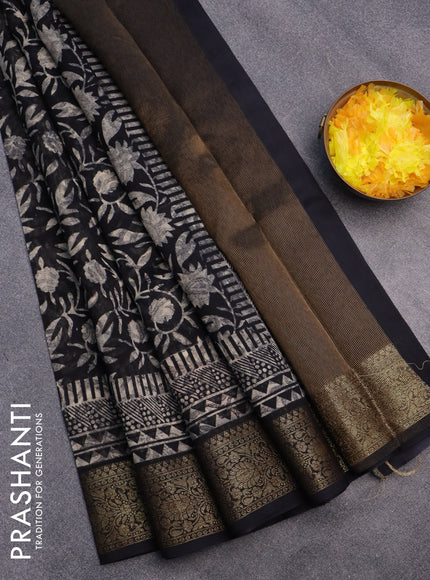 Chanderi silk cotton saree black with allover floral prints and woven border