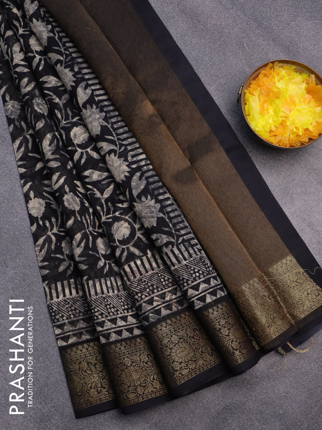 Chanderi silk cotton saree black with allover floral prints and woven border