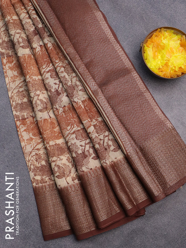 Chanderi silk cotton saree sandal and brown with allover floral prints and woven border