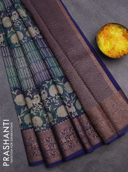 Chanderi silk cotton saree green shade and blue with allover prints and woven border